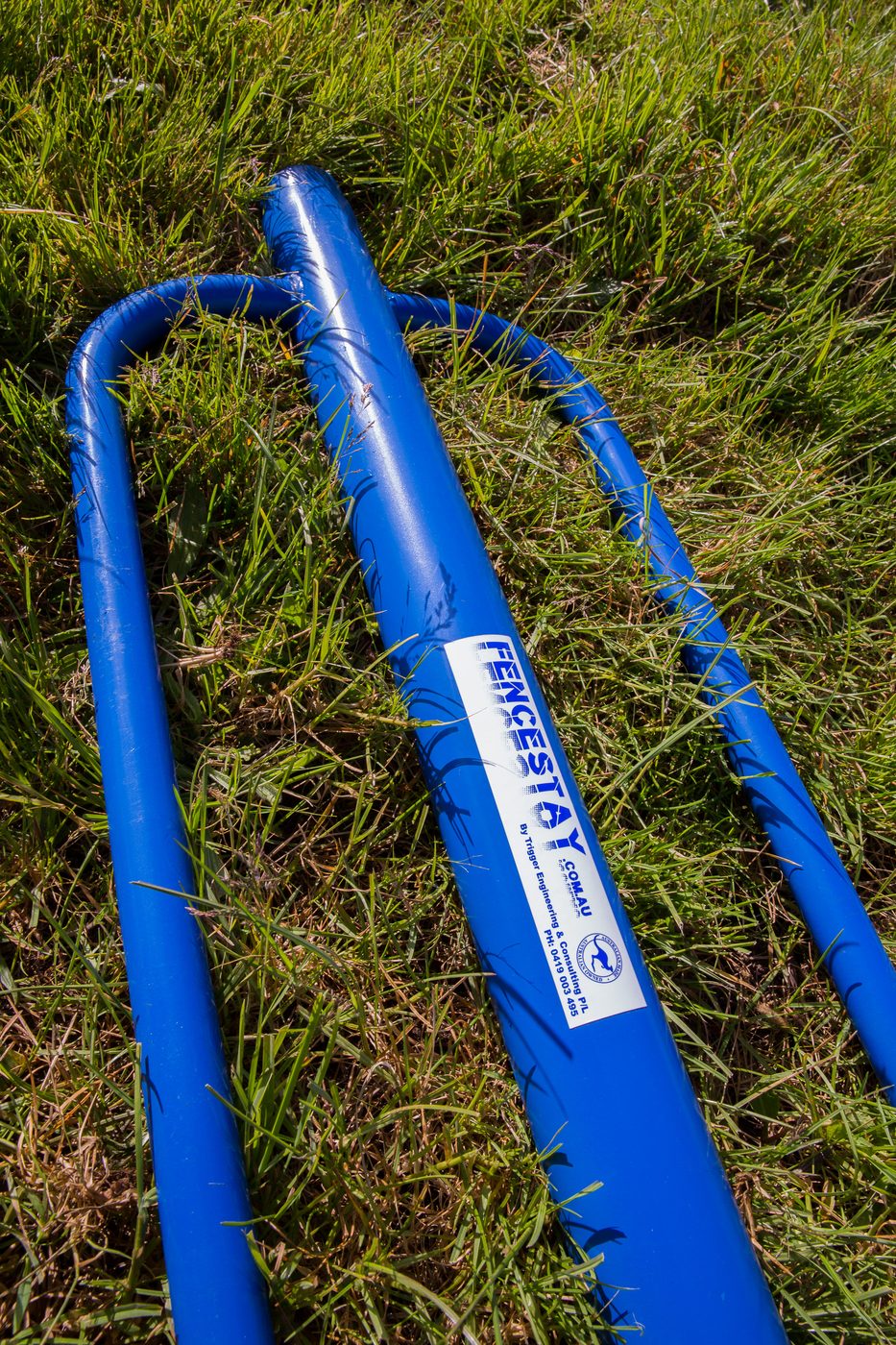 FenceStay blue steel box end assembly clipped onto a star picket in a paddock