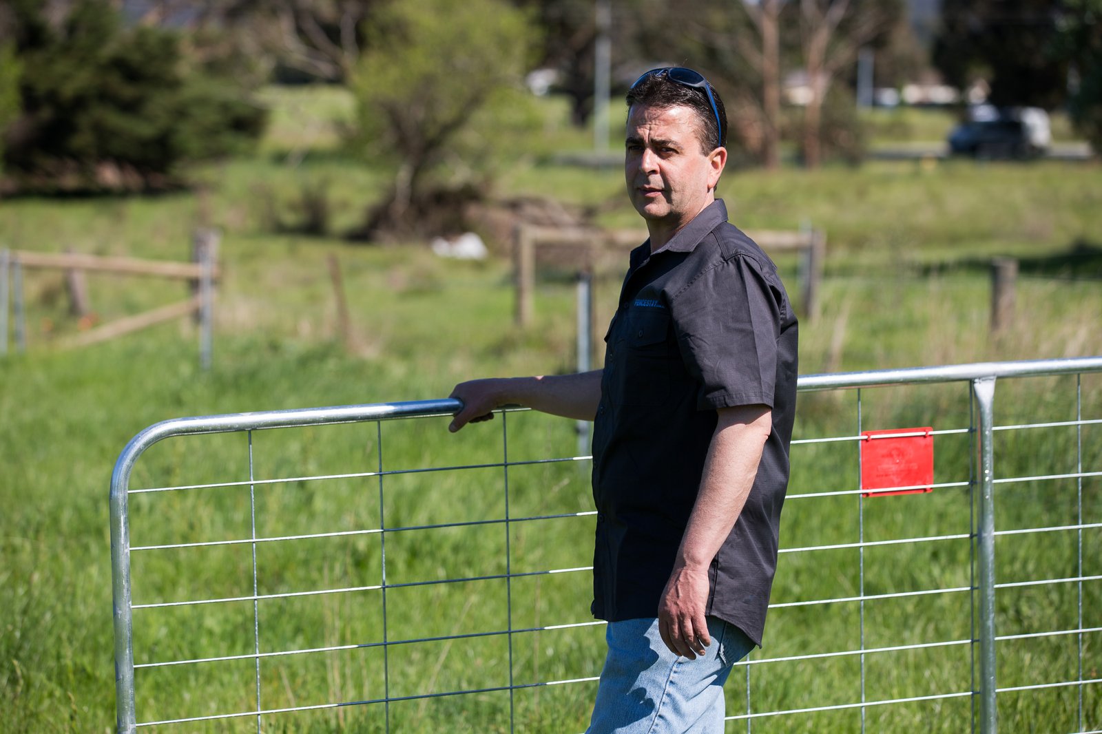 Man leaning on farm gate in green paddock